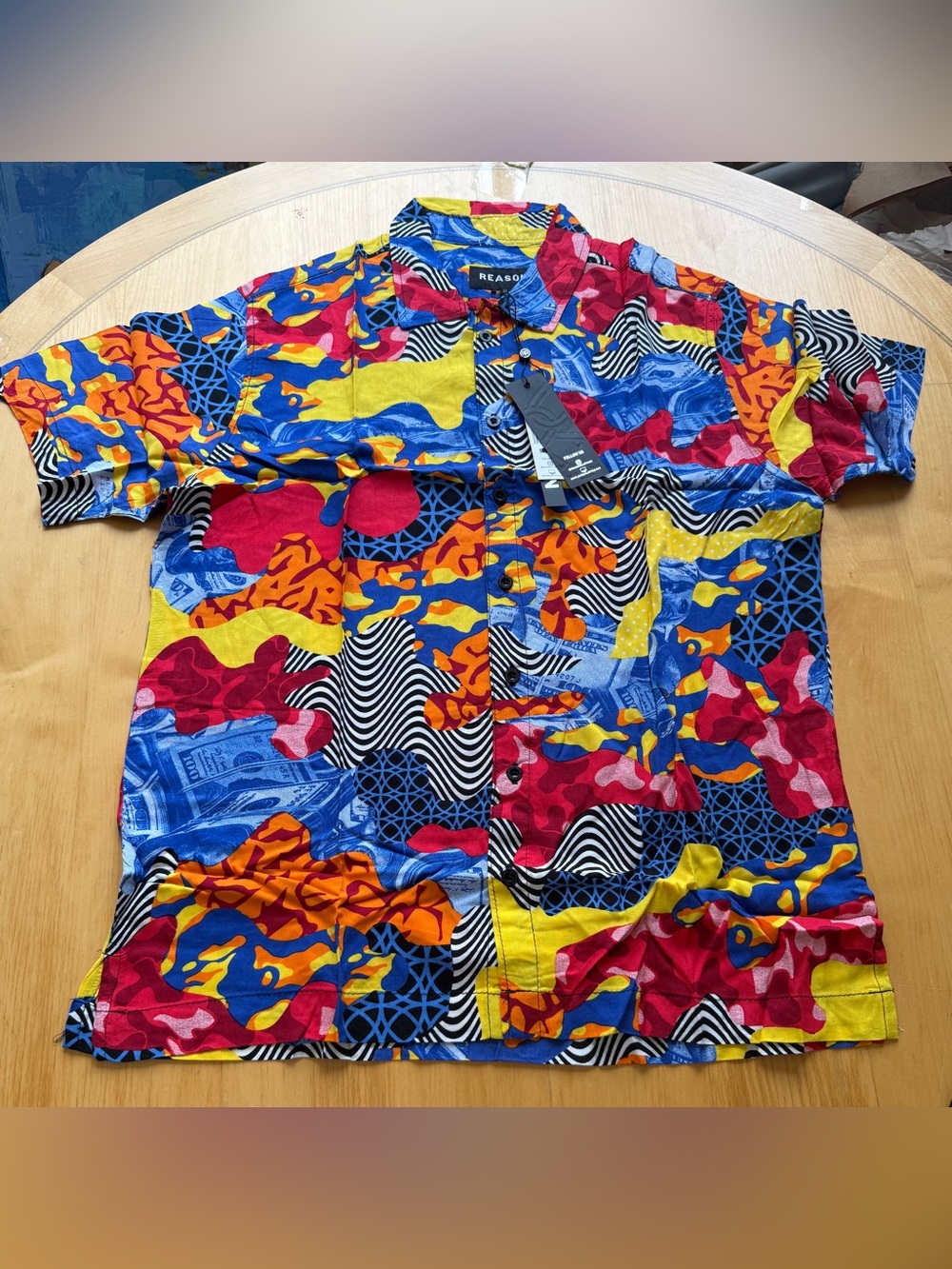 NWT Reason Abstract Money Print Button Up Shirt XL Streetwear Camp Casual Tee